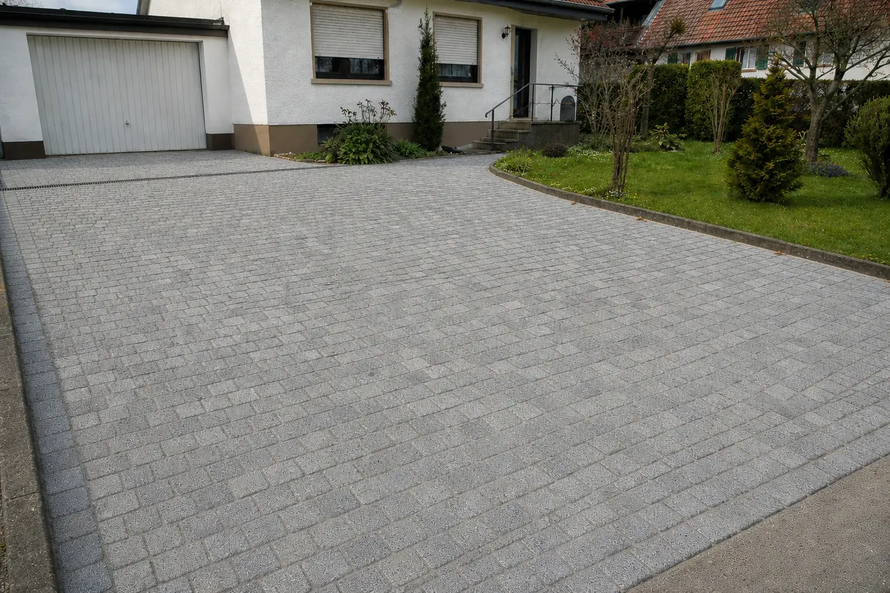 Beispielprojekt nachher: neu gepflasterte Granit-Einfahrt