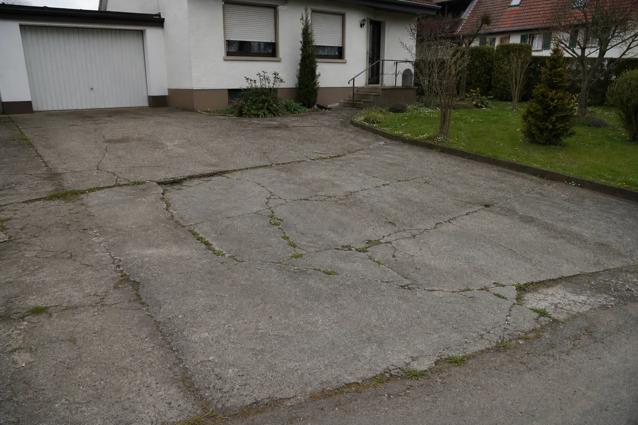Beispielprojekt vorher: alte rissige Betoneinfahrt
