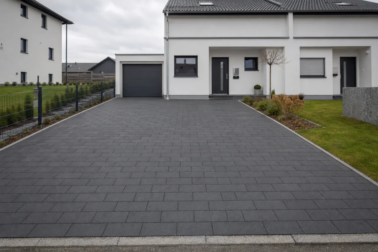 Einfahrt pflastern Rosenheim: neue Einfahrt mit anthrazitfarbenem Betonpflaster