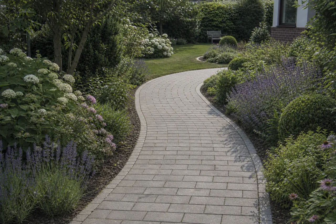 Gehweg pflastern Rosenheim: geschwungener Gartenweg aus Pflastersteinen