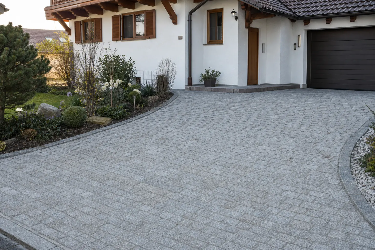 Neu gepflasterte Granit-Einfahrt an einem Einfamilienhaus in Rosenheim