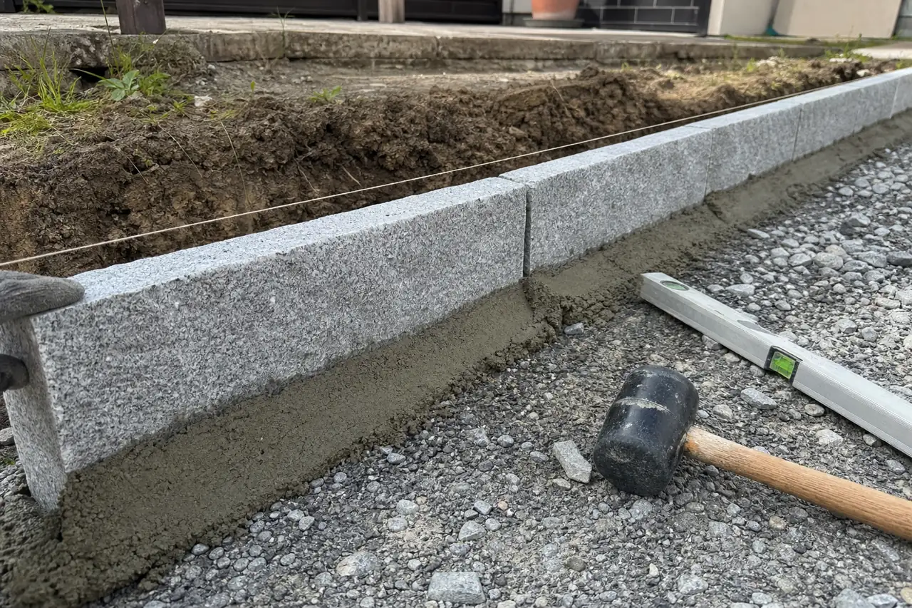 Randsteine setzen Rosenheim: Handwerker setzt Randsteine in das Betonbett
