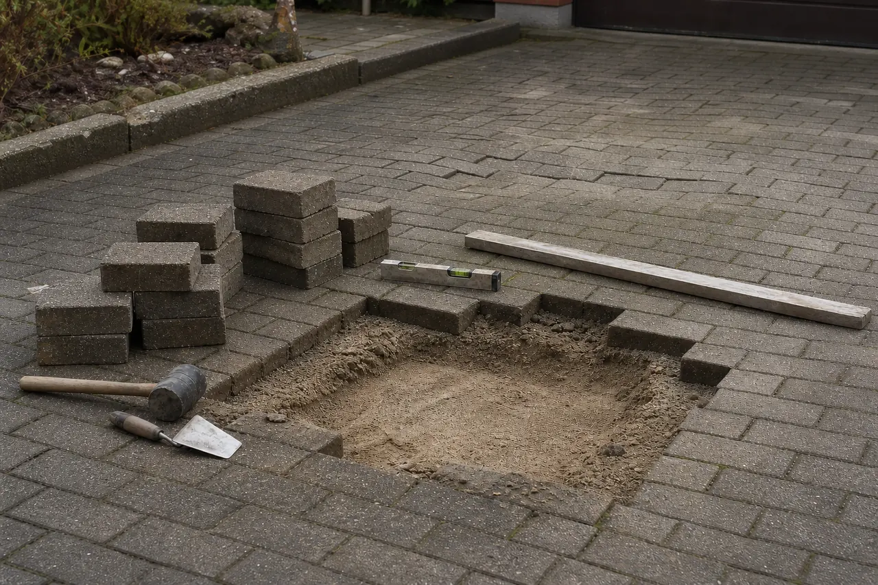 Pflaster-Reparatur Rosenheim: abgesackte Pflasterfläche wird neu verlegt