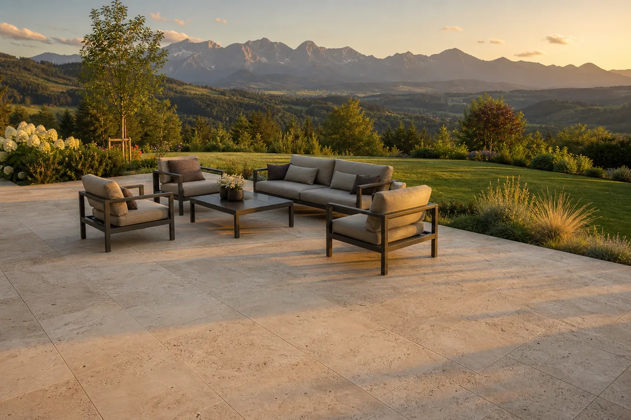 Terrasse pflastern Rosenheim: Travertin-Terrasse mit Sitzgruppe und Alpenblick
