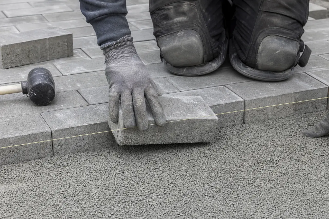 Pflasterer verlegt Terrassenplatten in Splittbettung